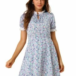 Allegra K Women's Floral Ruffled Collar Casual Short Sleeve Dress