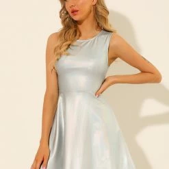 Allegra K Women's Metallic Sleeveless Round Neck High Waist Fit And Flare Dress 13 Allegra K Women's Metallic Sleeveless Round Neck High Waist Fit And Flare Dress