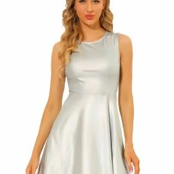 Allegra K Women's Metallic Sleeveless Round Neck High Waist Fit And Flare Dress