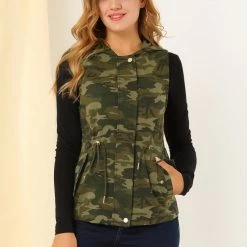 Allegra K Women's Camo Drawstring Waist Hooded Cargo Vest With Pockets