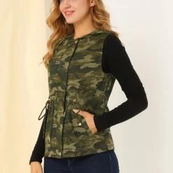Allegra K Women's Camo Drawstring Waist Hooded Cargo Vest With Pockets