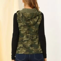 Allegra K Women's Camo Drawstring Waist Hooded Cargo Vest With Pockets