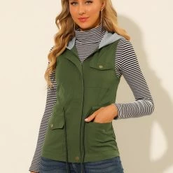 Allegra K Women's Hooded Sleeveless Jacket Drawstring Waist Utility Lightweight Cargo Vest