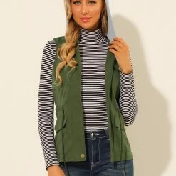 Allegra K Women's Hooded Sleeveless Jacket Drawstring Waist Utility Lightweight Cargo Vest