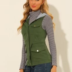 Allegra K Women's Hooded Sleeveless Jacket Drawstring Waist Utility Lightweight Cargo Vest