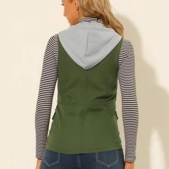 Allegra K Women's Hooded Sleeveless Jacket Drawstring Waist Utility Lightweight Cargo Vest