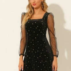 Allegra K Women's Mesh Sheer Puff Long Sleeve Square Neck Shiny Star Velvet Mini Short Dress