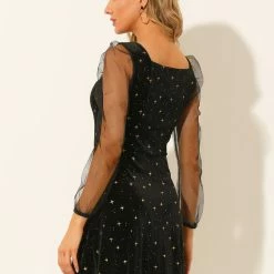 Allegra K Women's Mesh Sheer Puff Long Sleeve Square Neck Shiny Star Velvet Mini Short Dress
