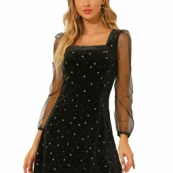 Allegra K Women's Mesh Sheer Puff Long Sleeve Square Neck Shiny Star Velvet Mini Short Dress