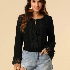 Allegra K Women's Embroidery Lace Peasant Tie Neck Bell Sleeve Smocked Hem Cropped Top