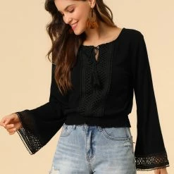 Allegra K Women's Embroidery Lace Peasant Tie Neck Bell Sleeve Smocked Hem Cropped Top