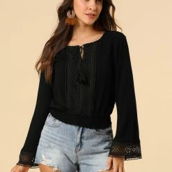 Allegra K Women's Embroidery Lace Peasant Tie Neck Bell Sleeve Smocked Hem Cropped Top