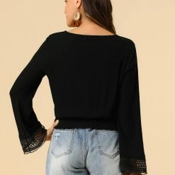 Allegra K Women's Embroidery Lace Peasant Tie Neck Bell Sleeve Smocked Hem Cropped Top