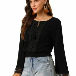 Allegra K Women's Embroidery Lace Peasant Tie Neck Bell Sleeve Smocked Hem Cropped Top