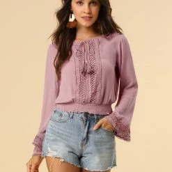 Allegra K Women's Embroidery Lace Peasant Tie Neck Bell Sleeve Smocked Hem Cropped Top