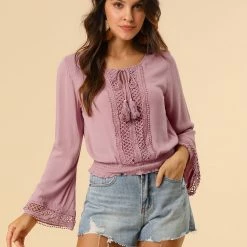 Allegra K Women's Embroidery Lace Peasant Tie Neck Bell Sleeve Smocked Hem Cropped Top