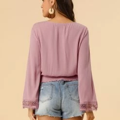 Allegra K Women's Embroidery Lace Peasant Tie Neck Bell Sleeve Smocked Hem Cropped Top