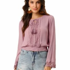 Allegra K Women's Embroidery Lace Peasant Tie Neck Bell Sleeve Smocked Hem Cropped Top
