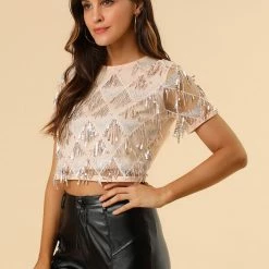 Allegra K Women's Sequin Shiny Glitter Crop Top Short Sleeves Tassel T-Shirt