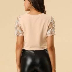 Allegra K Women's Sequin Shiny Glitter Crop Top Short Sleeves Tassel T-Shirt