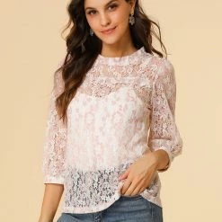 Allegra K 3/4 Sleeves Ruffle Mock Neck Sheer Lace Top
