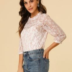 Allegra K 3/4 Sleeves Ruffle Mock Neck Sheer Lace Top