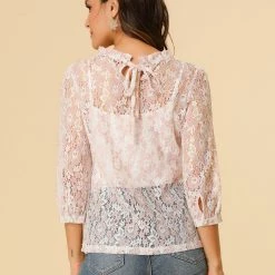 Allegra K 3/4 Sleeves Ruffle Mock Neck Sheer Lace Top