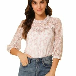 Allegra K 3/4 Sleeves Ruffle Mock Neck Sheer Lace Top