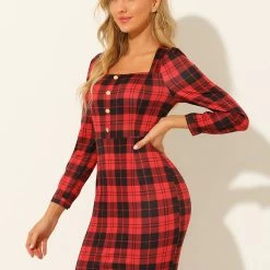 Allegra K Women's Tartan Plaid Vintage Square Neck Puff Sleeve Mini Bodycon Dress