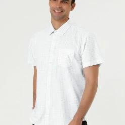 Allegra K HZ160403 Men Short Sleeves Cotton Polka Dots Button Up Shirt