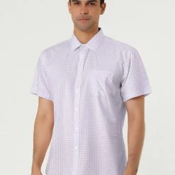 Allegra K HZ160403 Men Short Sleeves Cotton Polka Dots Button Up Shirt