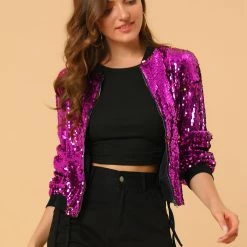 Women Allegra K Sequin Bomber Jacket 85 Women Allegra K Sequin Bomber Jacket