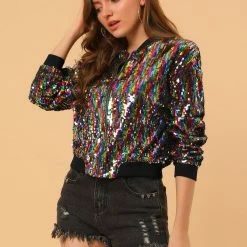 Women Allegra K Sequin Bomber Jacket 77 Women Allegra K Sequin Bomber Jacket