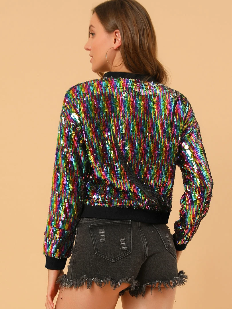 Women Allegra K Sequin Bomber Jacket 38 Women Allegra K Sequin Bomber Jacket