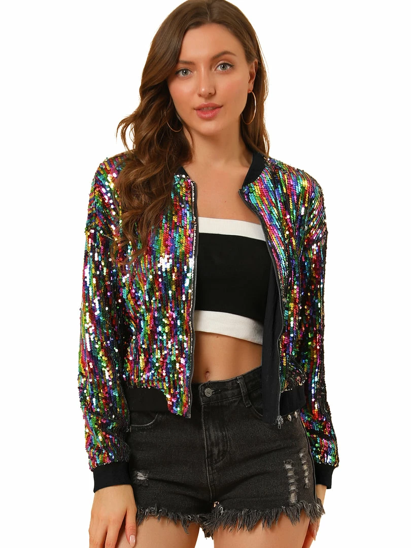 Women Allegra K Sequin Bomber Jacket 34 Women Allegra K Sequin Bomber Jacket
