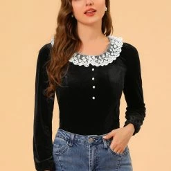 Allegra K Women's Vintage Velvet Top Scoop Neck Button Decor Lace Panel Shirt