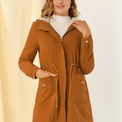 Allegra K Women's Parka Coat Faux Fur Hooded Tie Wasit Jacket With Pockets