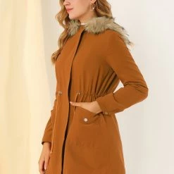 Allegra K Women's Parka Coat Faux Fur Hooded Tie Wasit Jacket With Pockets