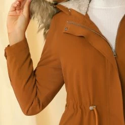 Allegra K Women's Parka Coat Faux Fur Hooded Tie Wasit Jacket With Pockets