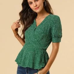 Allegra K Women's V Neck Polka Dots Blouses Short Sleeve Wrap Peplum Top