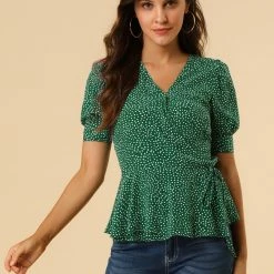 Allegra K Women's V Neck Polka Dots Blouses Short Sleeve Wrap Peplum Top