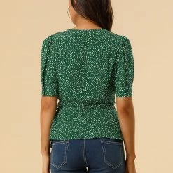 Allegra K Women's V Neck Polka Dots Blouses Short Sleeve Wrap Peplum Top