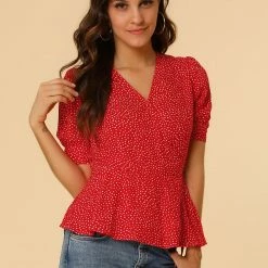 Allegra K Women's V Neck Polka Dots Blouses Short Sleeve Wrap Peplum Top