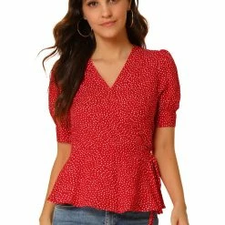 Allegra K Women's V Neck Polka Dots Blouses Short Sleeve Wrap Peplum Top