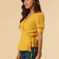 Allegra K Women's V Neck Polka Dots Blouses Short Sleeve Wrap Peplum Top