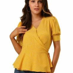 Allegra K Women's V Neck Polka Dots Blouses Short Sleeve Wrap Peplum Top