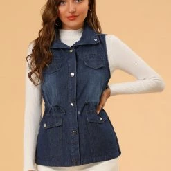 Allegra K Women's Sleeveless Drawstring Waist Detachable Hooded Denim Jacket Vest 11 Allegra K Women's Sleeveless Drawstring Waist Detachable Hooded Denim Jacket Vest
