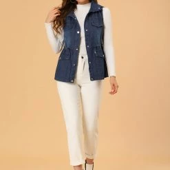 Allegra K Women's Sleeveless Drawstring Waist Detachable Hooded Denim Jacket Vest 12 Allegra K Women's Sleeveless Drawstring Waist Detachable Hooded Denim Jacket Vest