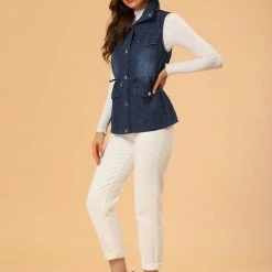 Allegra K Women's Sleeveless Drawstring Waist Detachable Hooded Denim Jacket Vest 13 Allegra K Women's Sleeveless Drawstring Waist Detachable Hooded Denim Jacket Vest