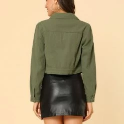 Allegra K Cropped Shirt Jacket With Contrast Collar And Cuffs Women